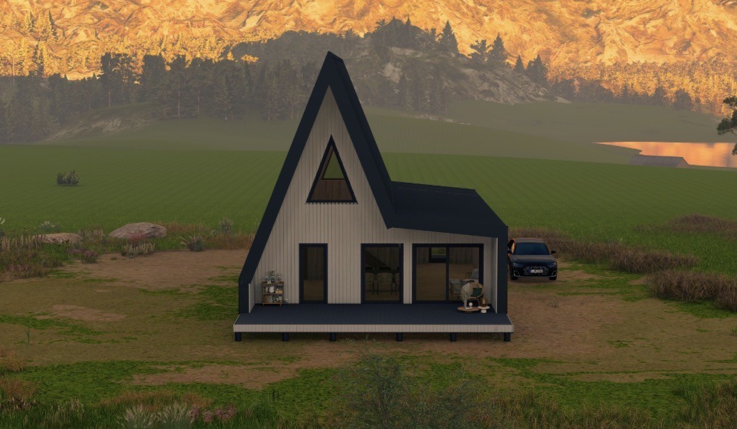 Maison en A personnalisée à Vadans (Jura) : vue 3D de face avec terrasse