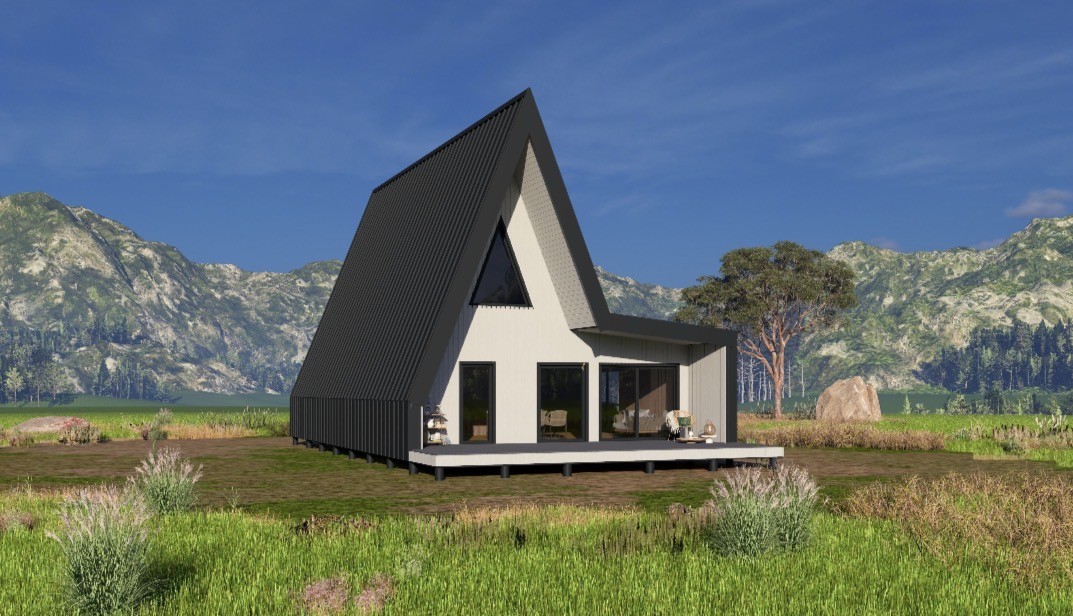 Maison en A personnalisée Jura : vue 3D latérale avec la montagne