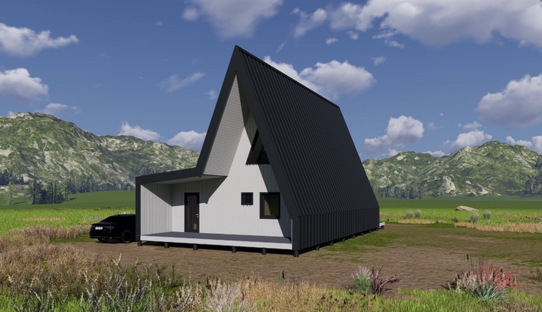 Maison en A personnalisée Jura : vue 3D de l’entrée côté parking