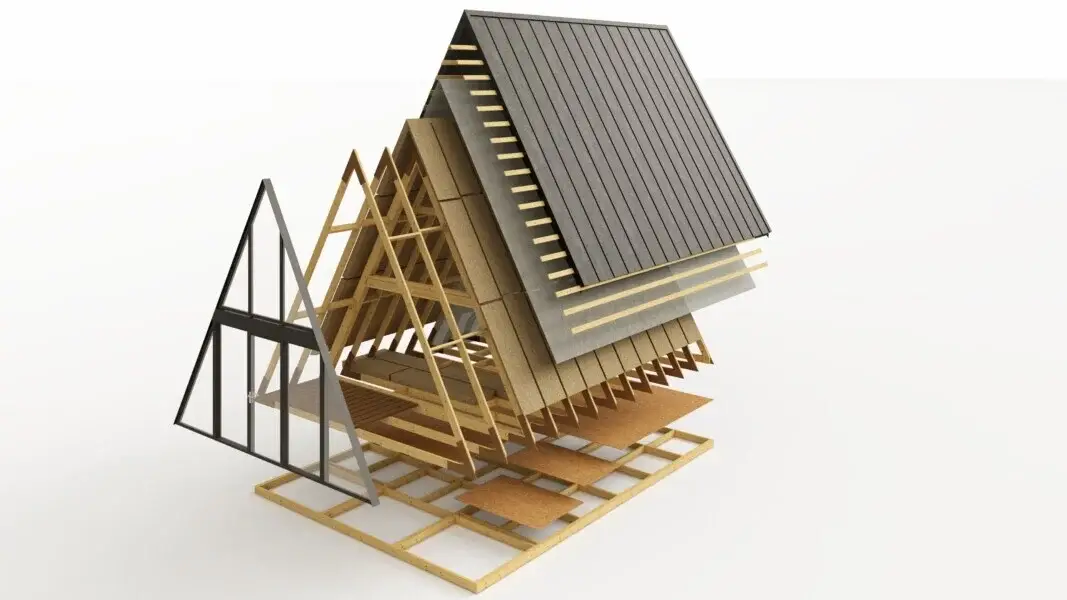 Vue éclatée d'une maison A-frame en kit : plancher, ossature, isolation et toiture