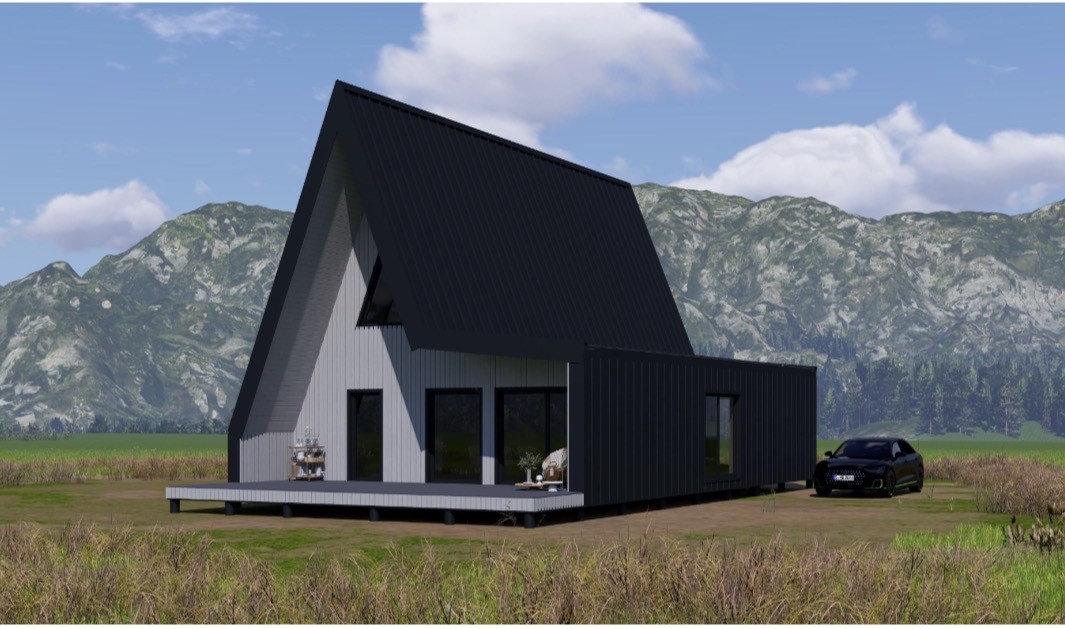 Maison en A personnalisée Jura : vue 3D avec l’annexe en bardage noir