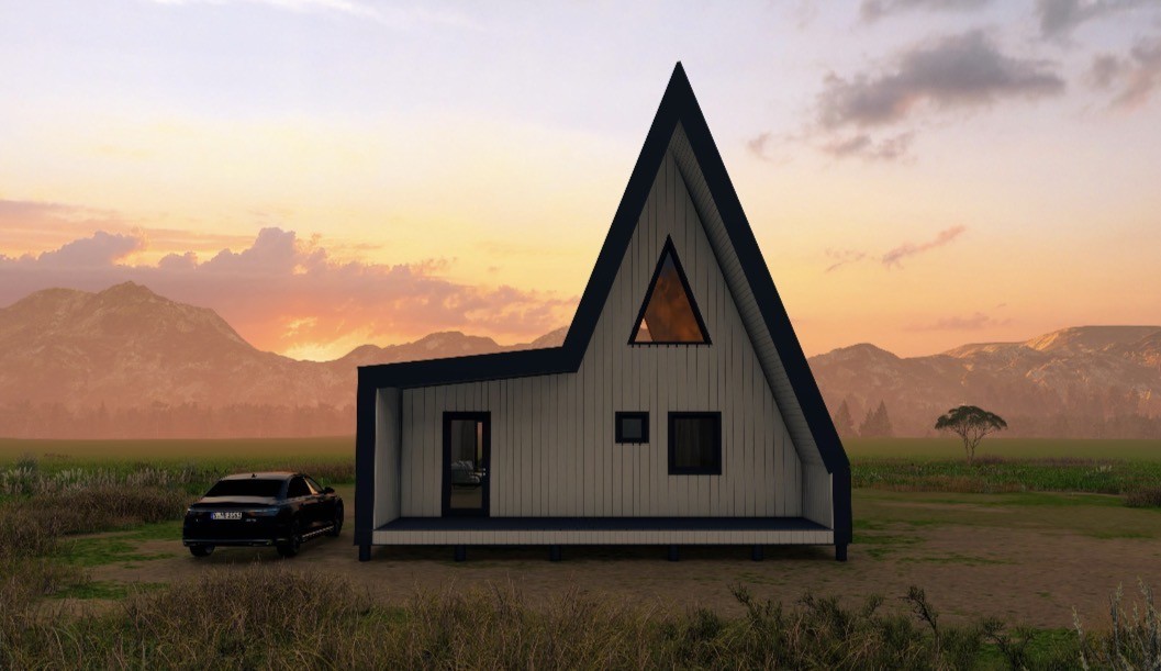 Maison en A personnalisée Jura : vue 3D du pignon au coucher du soleil