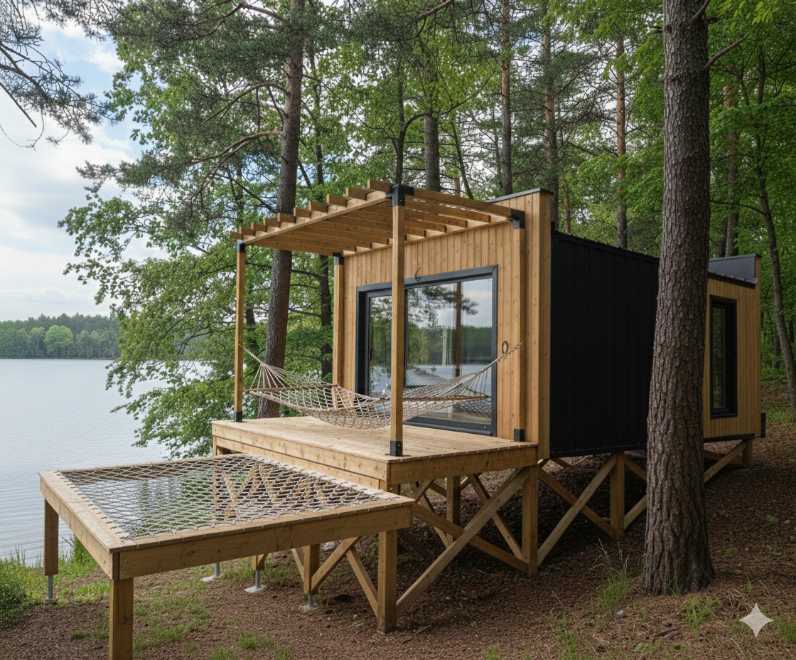 Petit lodge avec espace filet : maison en kit ossature bois